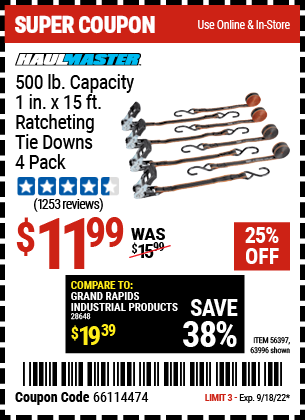 HAUL-MASTER: 500 lb. Capacity 1 in. x 15 ft. Ratcheting Tie Downs, 4 Pack