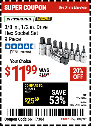 PITTSBURGH: 3/8 in., 1/2 in. Drive Metric Hex Socket Set, 9 Piece