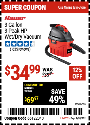BAUER: 3 Gallon 3 Peak Horsepower Wet/Dry Vacuum