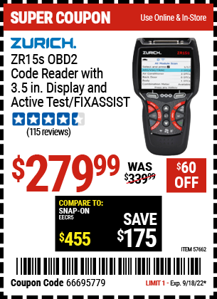 ZURICH: ZR15s OBD2 Code Reader with 3.5 In. Display and Active Test/FIXASSIST