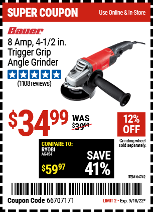 BAUER: 8 Amp 4-1/2 in. Trigger Grip Angle Grinder 