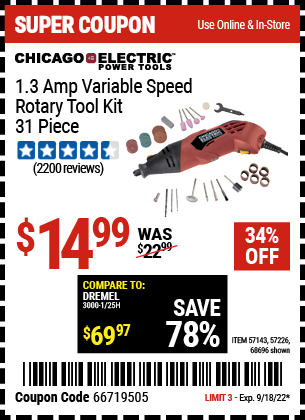 CHICAGO ELECTRIC POWER TOOLS: 1.3 Amp Variable Speed Rotary Tool Kit, 31 Piece