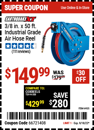 EARTHQUAKE XT:3/8 in. x 50 ft. Industrial Grade Air Hose Reel