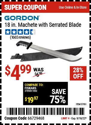 GORDON: 18 in. Machete with Serrated Blade