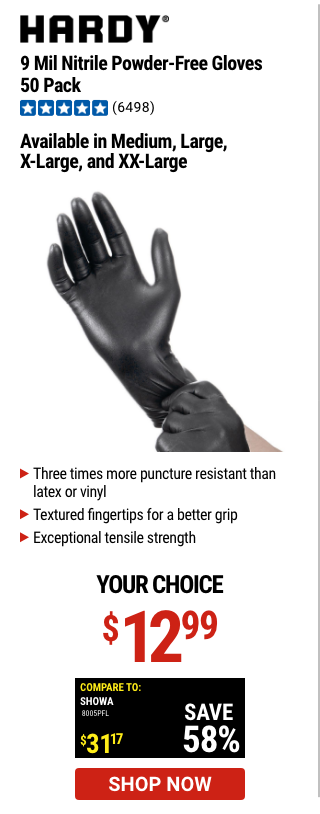 HARDY: 9 mil Nitrile Powder-Free Gloves, Large, 50 Pack