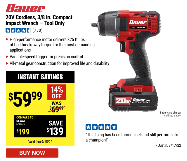 BAUER: 20V Cordless 3/8 in. Compact Impact Wrench - Tool Only