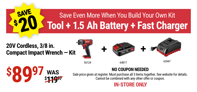 BAUER: 20V Cordless 3/8 in. Compact Impact Wrench - Tool Only - BYOK Banner