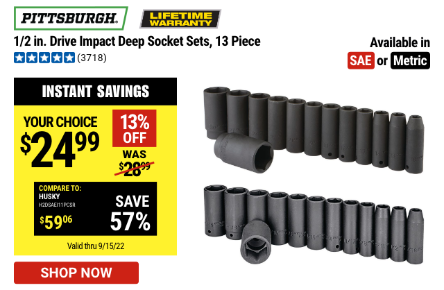 PITTSBURGH: 1/2 in. Drive Impact Deep Socket Set, 13 Piece