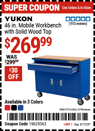 YUKON: 46 in. Mobile Workbench with Solid Wood Top
