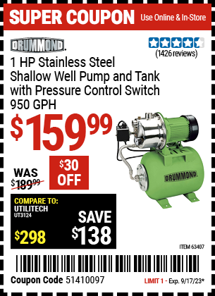 DRUMMOND: 1 HP Stainless Steel Shallow Well Pump and Tank with Pressure Control Switch - 950 GPH