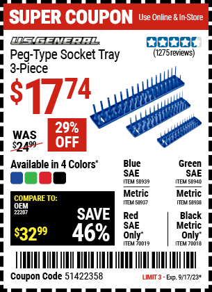 U.S. GENERAL: Peg-Type Metric Socket Tray, 3 Piece