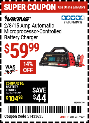 VIKING: 2/8/15 Amp Automatic Microprocessor Controlled Battery Charger