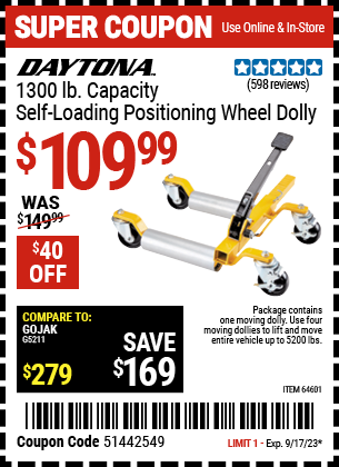 DAYTONA: 1300 lb. Capacity Self-Loading Positioning Wheel Dolly
