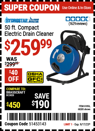 HYDROSTAR DRAINMONSTER: 50 Ft. Compact Electric Drain Cleaner