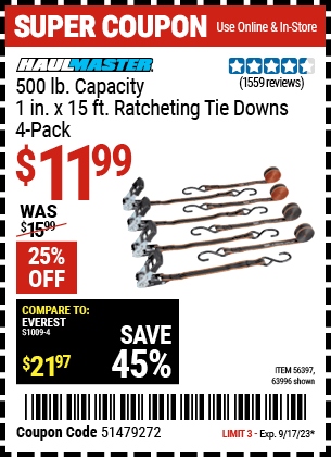 HAUL-MASTER: 500 lb. Capacity, 1 in. x 15 ft. Ratcheting Tie Downs, 4-Pack