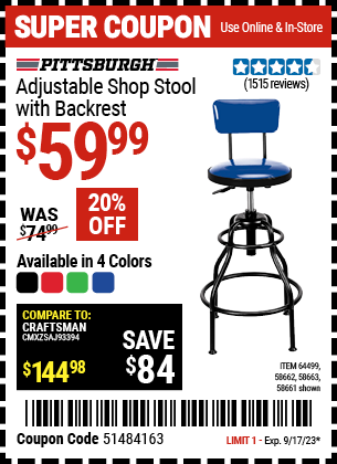 PITTSBURGH AUTOMOTIVE: Adjustable Shop Stool with Backrest