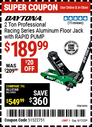 DAYTONA: 2 ton Professional Racing Series Aluminum Floor Jack with RAPID PUMP