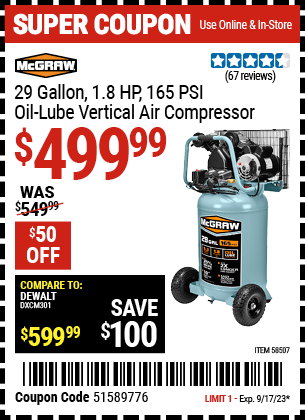 MCGRAW: 29 gallon, 1.8 HP, 165 PSI Oil-Lube Vertical Air Compressor