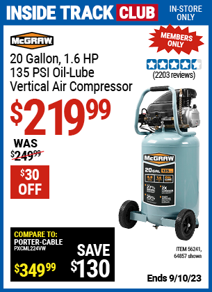 MCGRAW: 20 gallon 1.6 HP 135 PSI Oil-lube Vertical Air Compressor - coupon