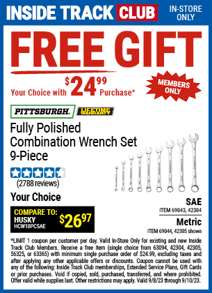 FREE GIFT. YOUR CHOICE WITH $24.99 PURCHASE. PITTSBURGH: Fully Polished SAE Combination Wrench Set, 9 Piece- coupon