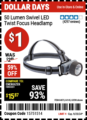 HFT: 50 Lumen Swivel LED Twist Focus Headlamp