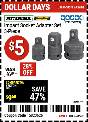 PITTSBURGH: Impact Socket Adapter Set, 3 Piece