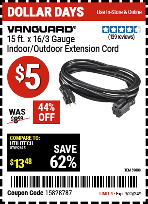 VANGUARD: 15 ft. x 16/3 Gauge Indoor/Outdoor Extension Cord, Black