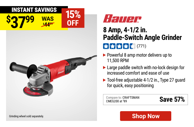 BAUER: 8 Amp 4-1/2 in. Paddle Switch Angle Grinder