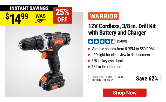 WARRIOR: 12V Cordless 3/8 in. Drill Kit with Battery and Charger