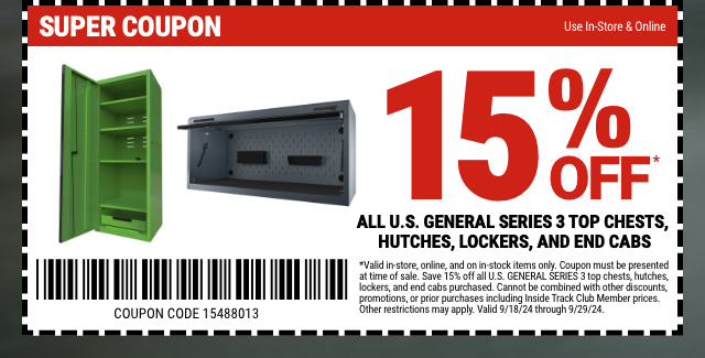 15% OFF All U.S. GENERAL Series 3 Top Chests, Hutches, Lockers, and End Cabs