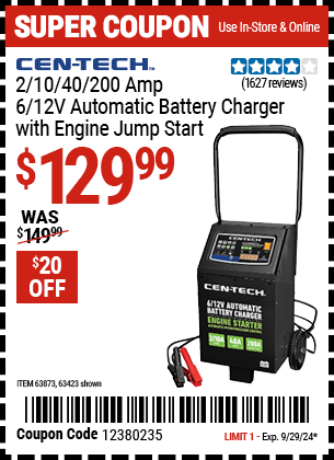 CEN-TECH: 2/10/40/200 Amp, 6/12V Automatic Battery Charger with Engine Jump Start