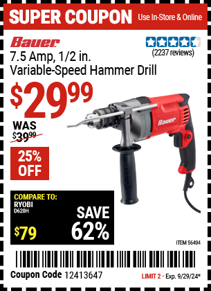 BAUER: 7.5 Amp 1/2 in. Variable-Speed Hammer Drill