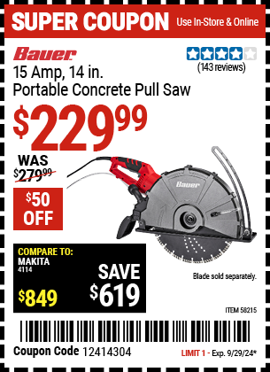 BAUER: 15 Amp 14 in. Portable Concrete Pull Saw