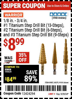 WARRIOR: 1/8 in. - 3/4 in. #1 Titanium Step Drill Bit (13-Steps), #2 Titanium Step Drill Bit (6-Steps), and #3 Titanium Step Drill Bit (9-Steps)