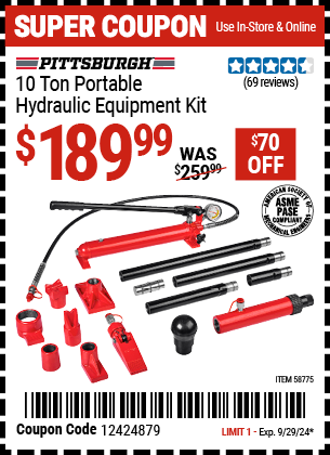 PITTSBURGH: 10 Ton Portable Hydraulic Equipment Kit