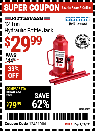 PITTSBURGH: 12 Ton Hydraulic Bottle Jack