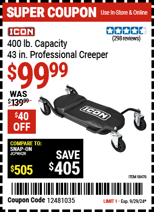 ICON: 400 lb. Capacity 43 in. Professional Creeper