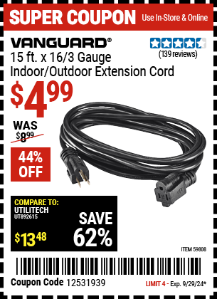 VANGUARD: 15 ft. x 16/3 Gauge Indoor/Outdoor Extension Cord, Black