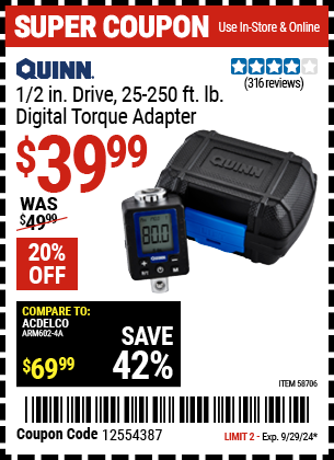 QUINN: 1/2 in. Drive 25-250 ft. lb. Digital Torque Adapter