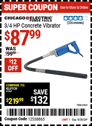 CHICAGO ELECTRIC: 3/4 HP Concrete Vibrator