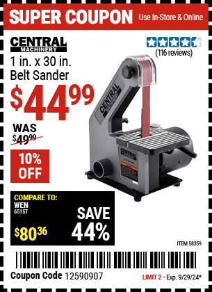 CENTRAL MACHINERY: 1 in. x 30 in. Belt Sander