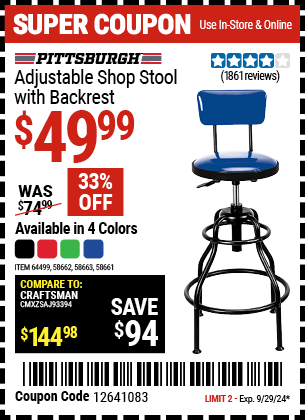 PITTSBURGH AUTOMOTIVE: Adjustable Shop Stool with Backrest