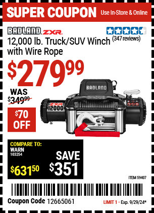 BADLAND ZXR: 12,000 lb. Truck/SUV Winch with Wire Rope