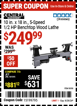 CENTRAL MACHINERY: 10 in. x 18 in., 5-Speed, 1/2 HP Benchtop Wood Lathe