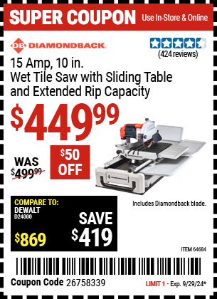 DIAMONDBACK: 15 Amp 10 in. Wet Tile Saw with Sliding Table and Extended Rip Capacity