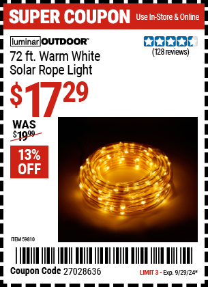 LUMINAR OUTDOOR: 72 ft. Warm White Solar Rope Light