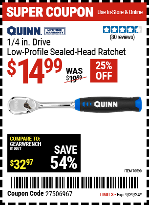 QUINN: 1/4 in. Drive Low-Profile Sealed-Head Ratchet