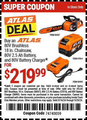 ATLAS DEAL: Buy an ATLAS 80V Brushless 18 in. Chainsaw, 80V 2.5 Ah Battery and 80V Battery Charger for $219.99