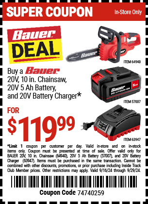 BAUER DEAL: Buya BAUER 20V, 10 in. Chainsaw, 20V 5 Ah Battery and 20V Battery Charger