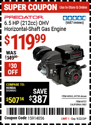 PREDATOR: 6.5 HP (212cc) OHV Horizontal Shaft Gas Engine, EPA/CARB